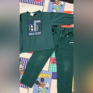 Vintage Oshkosh B’Gosh Green Golf Two Piece Long Sleeve Tee & Jeans Set (Size 7)